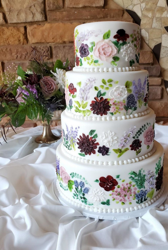 4-tier Hand-painted floral detail wedding cake