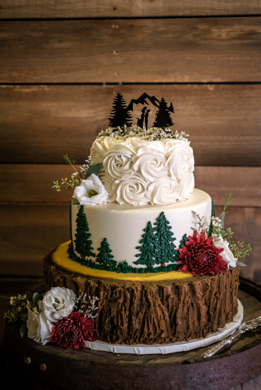 3-Tier wedding cake with tree bark and evergreen trees design