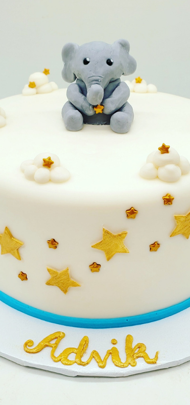 Twinkle, twinkle little star baby shower cake with 3-D elephant
